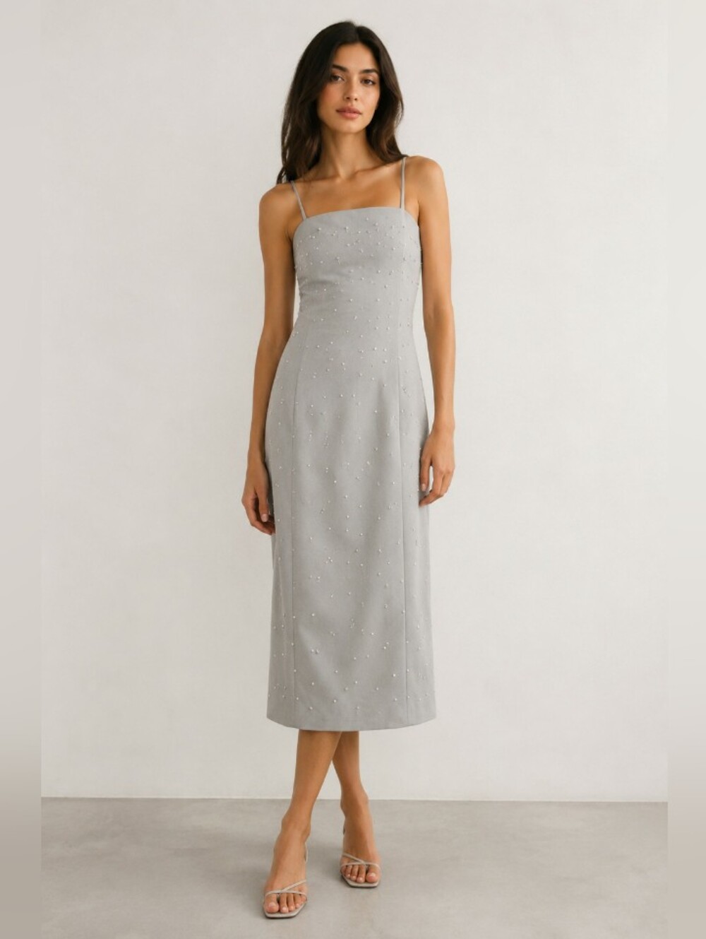 Stine Goya Aly Gray Beaded Rhinestone Strap Midi Dress In Crystal Clusters XXS